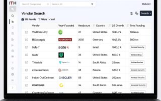 IT-Harvest Dashboard displayed on a laptop showing cybersecurity vendor search results