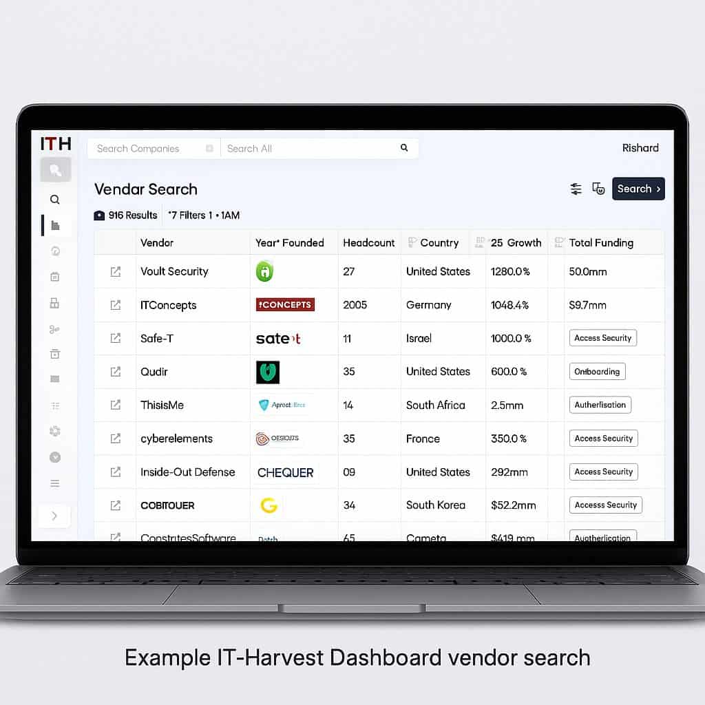 IT-Harvest Dashboard displayed on a laptop showing cybersecurity vendor search results