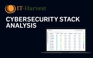 Cybersecurity Stack Analysis by IT Harvest visual featuring dark navy tech background and headline text about mapping frameworks across NIST CSF 2.0, MITRE ATT&CK, and CIS Controls