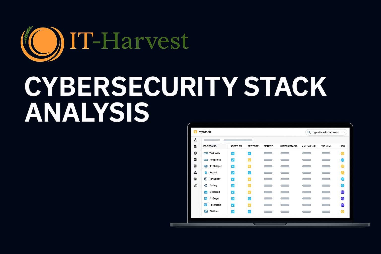 Cybersecurity Stack Analysis by IT Harvest visual featuring dark navy tech background and headline text about mapping frameworks across NIST CSF 2.0, MITRE ATT&CK, and CIS Controls
