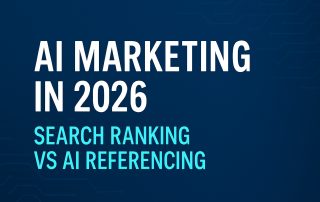 AI Marketing in 2026 thumbnail graphic with title text “AI Marketing in 2026” and subtitle “Search Ranking vs AI Referencing” on a blue digital background.
